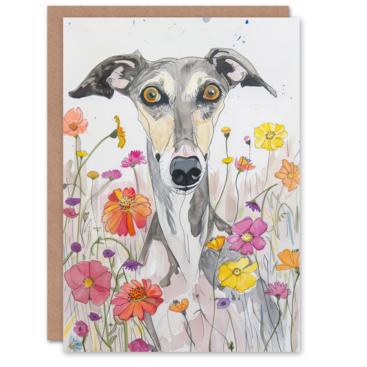 Cute Whippet In Wildflowers Dog Lover Watercolour Greeting Card