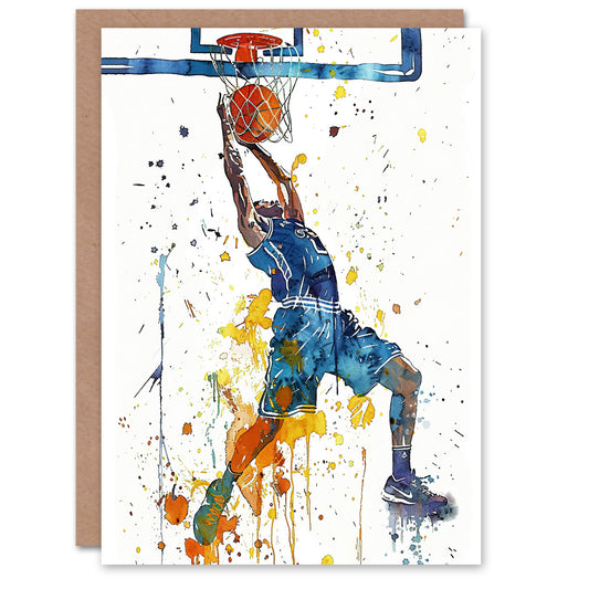 Basketball Player Slam Dunk Sport Watercolour Greeting Card