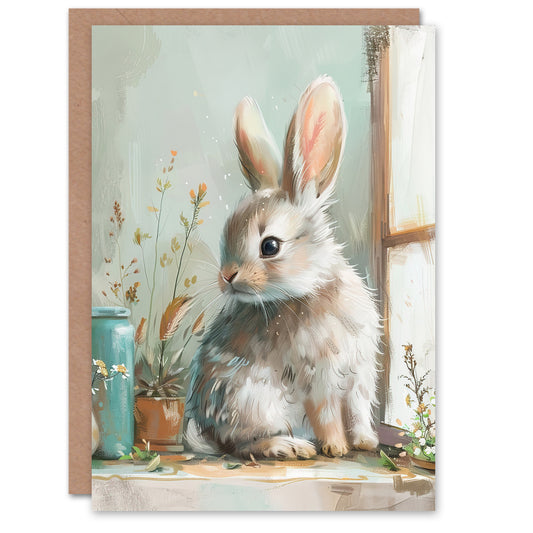 Cute Bunny Rabbit On Window Sill Rustic Painting Greeting Card