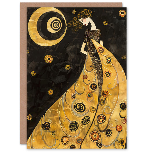 Moon Goddess Gold Black Klimt Style Conceptual Art Greeting Card
