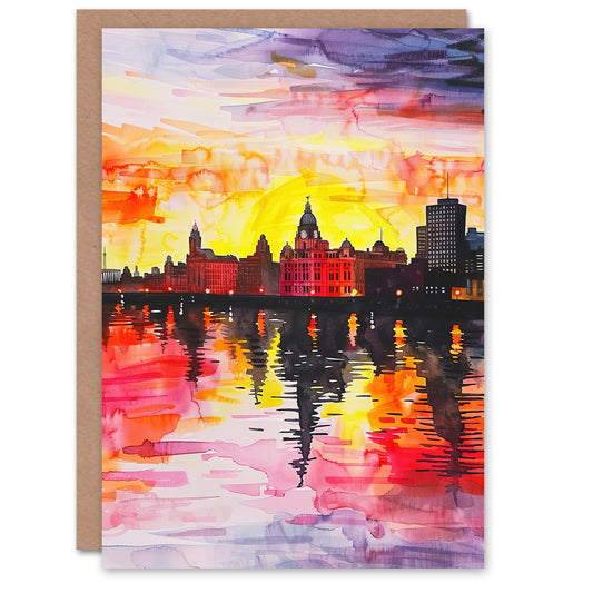 Vibrant Liverpool City Waterfront Sunset Painting Greeting Card