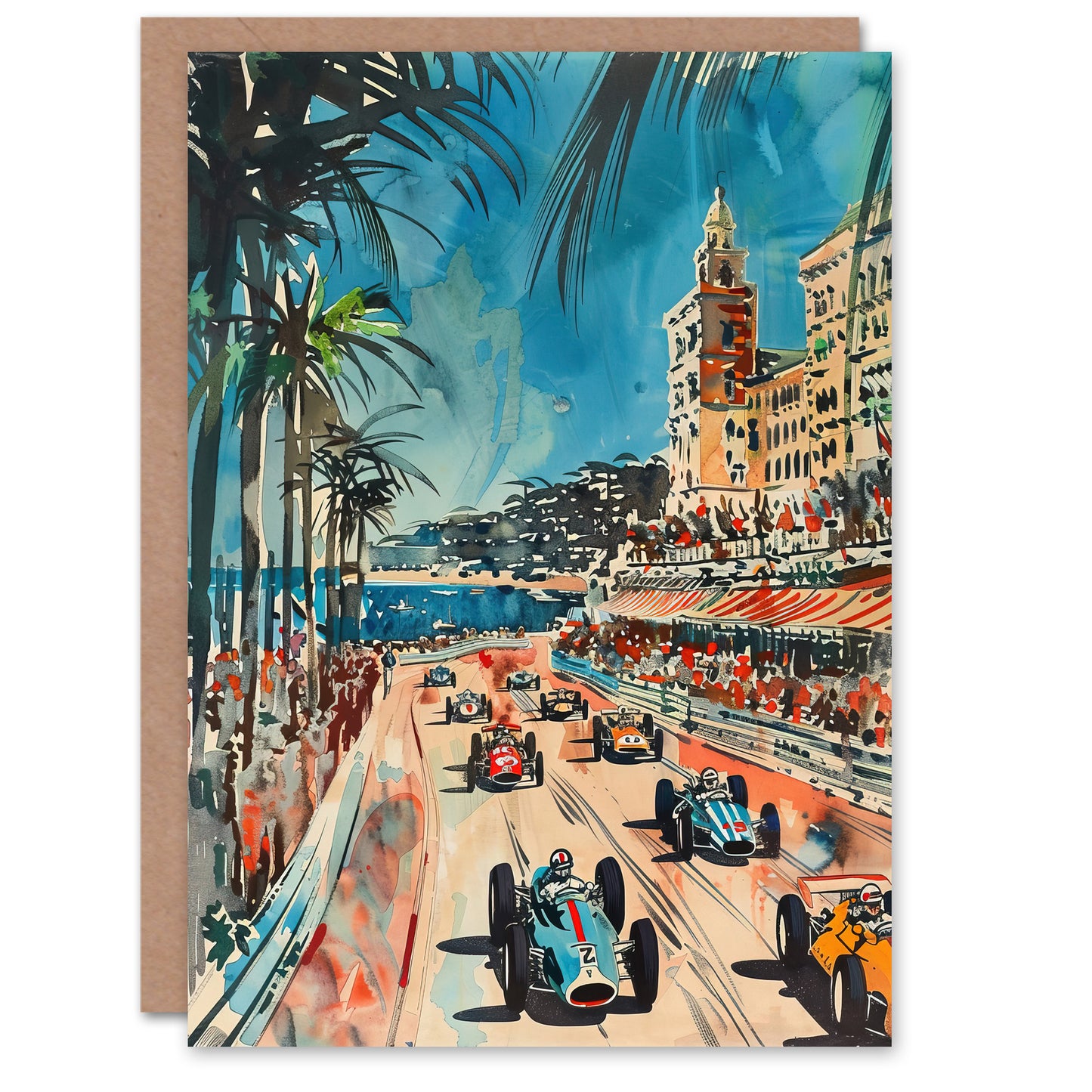 Monaco 1973 Vintage Watercolour Motor Racing Greeting Card