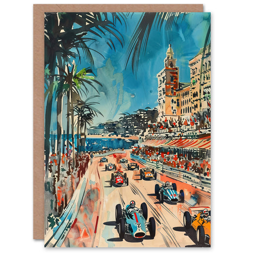Monaco 1973 Vintage Watercolour Motor Racing Greeting Card