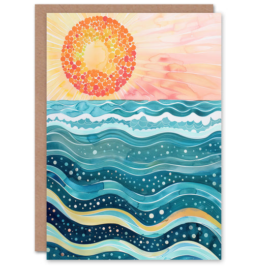 Sun Rising Over Sea Waves Blue Orange Folk Art Greeting Card
