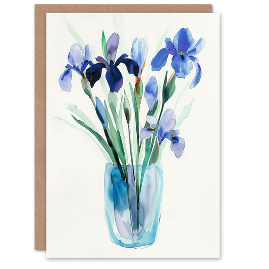 Blue Iris Flower Bouquet Vase Floral Watercolour Greeting Card