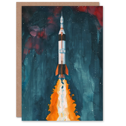 Space Apollo 11 Saturn V Rocket Launch Painting Greeting Card