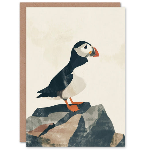 Cute Puffin Bird On Rock Bright Graphic Design Greeting Card