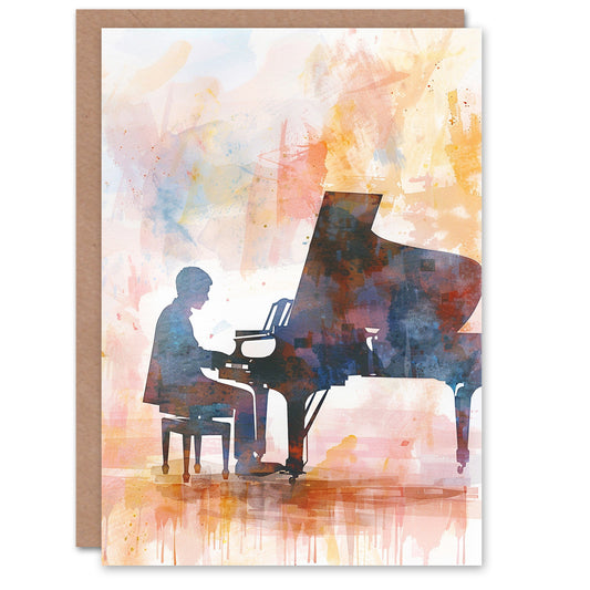 Pianist Musician Playing Grand Piano Watercolour Greeting Card