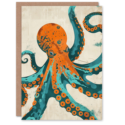 Octopus Modern Turquoise Orange Teal Design Greeting Card