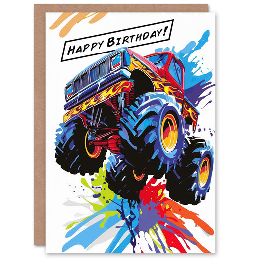 Large Monster Truck With Flames Colourful Design For Child Kids Birthday Card