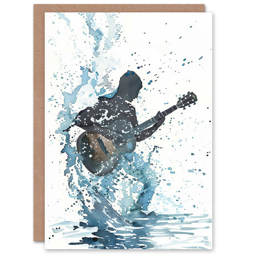Guitar Player Rock Music Watercolour Splash Greeting Card