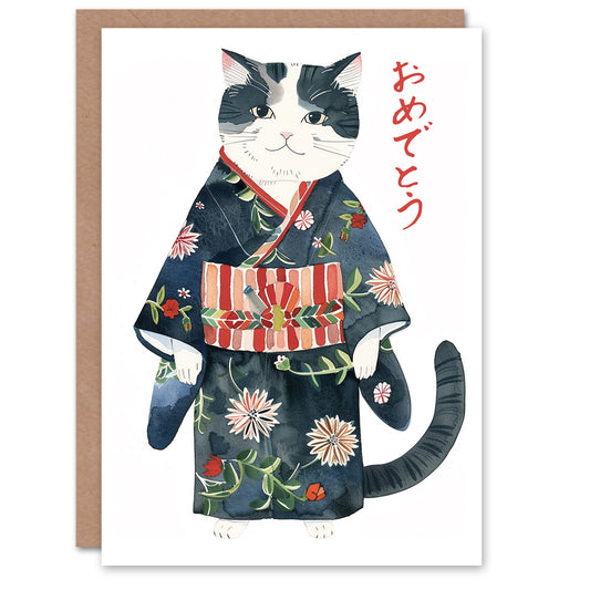 Floral Japanese Kimono Pet Portrait Cat Lover Card