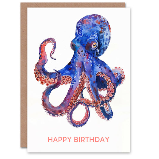 Octopus Modern Blue Purple Pink Watercolour Birthday Card