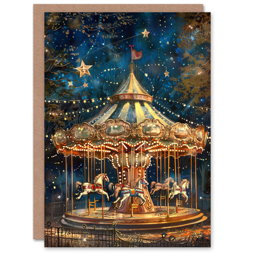 Carousel Under The Stars Magical Dreamy Painting Greeting Card