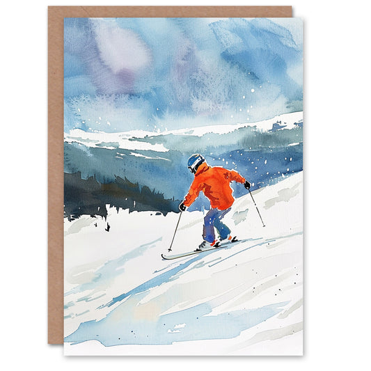 Winter Sport Snow Ski Skiing Alps Watercolour Greeting Card