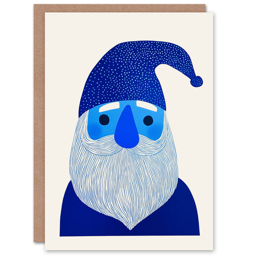 Blue Gnome Santa Claus Bright Folk Art Christmas Card