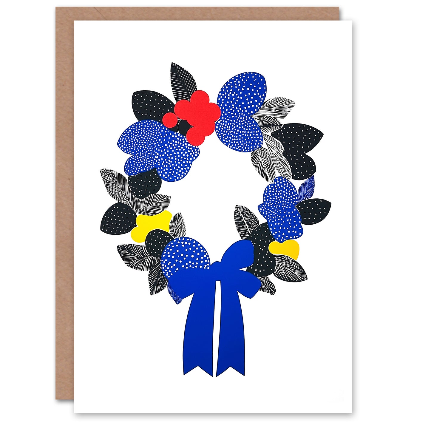 Bright Polka Dot Line Wreath Bow Leaves Christmas Card