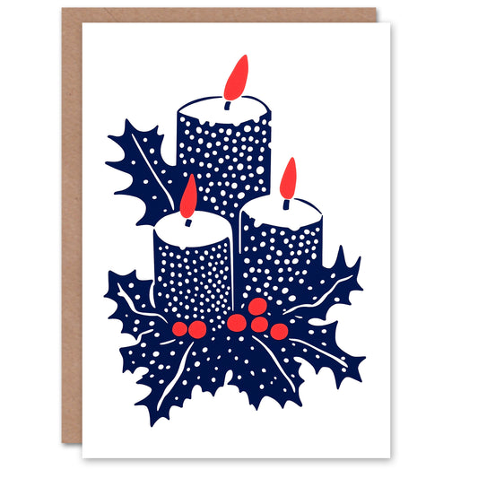 Three Pillar Candles Holly Plant Leaves Xmas Christmas Card