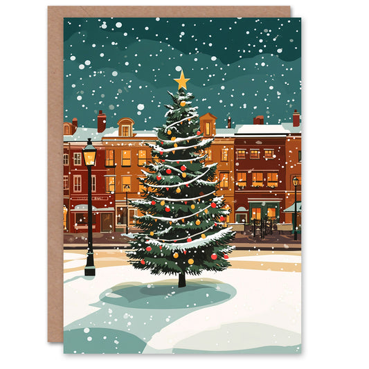 Decorated Tree Town Square Snowy Night Xmas Art Christmas Card