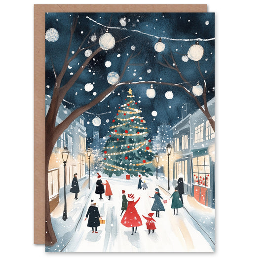 Festive Town Square Tree Winter Festive Christmas Card