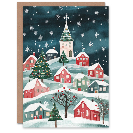 Festive Hill Town Winter Trees Festive Xmas Art Christmas Card