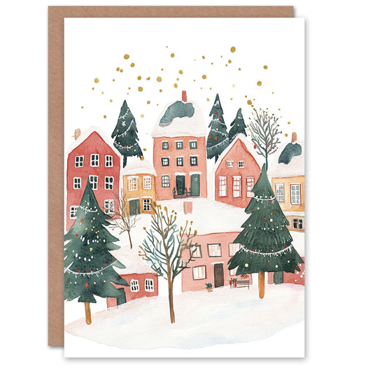 Townscape Decorated Trees Festive Xmas Art Christmas Card