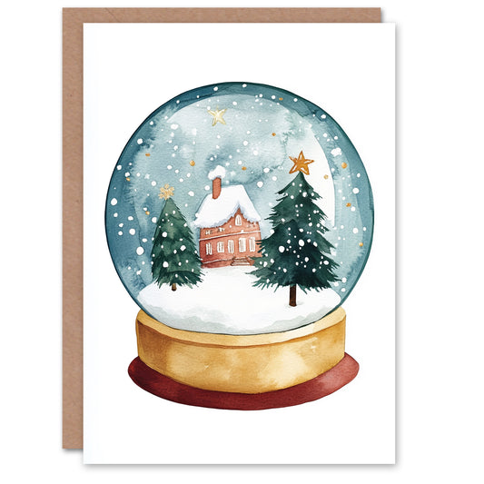 Winter Cabin Trees Snow Globe Festive Art Christmas Card