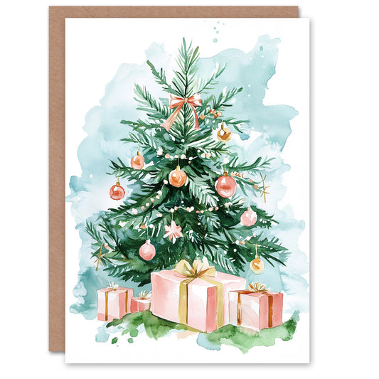 Decorated Tree Presents Pink Green Festive Xmas Christmas Card
