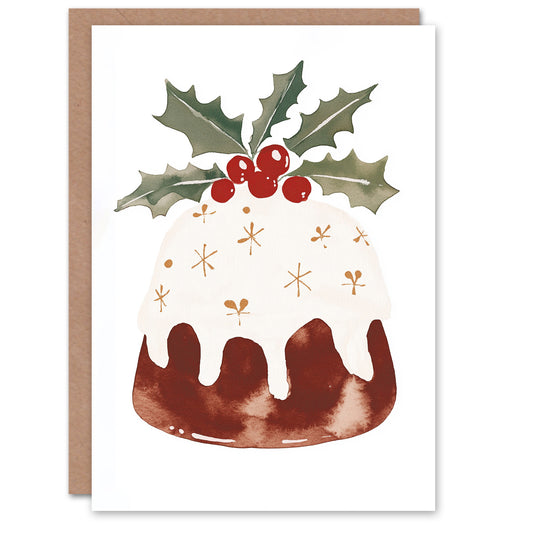 Cake Holly Leaf Icing Bright Festive Pudding Christmas Card