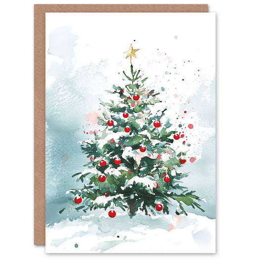 Winter Snow Laden Decorated Tree Festive Xmas Christmas Card