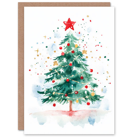 Decorated Tree Red Star Light Festive Xmas Christmas Card