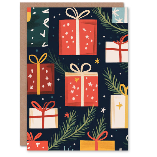 Wrapped Gifts Present Pine Leaf Fun Xmas Art Christmas Card