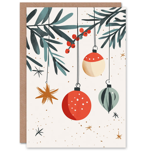 Baubles And Red Berry Mistletoe Art Christmas Card