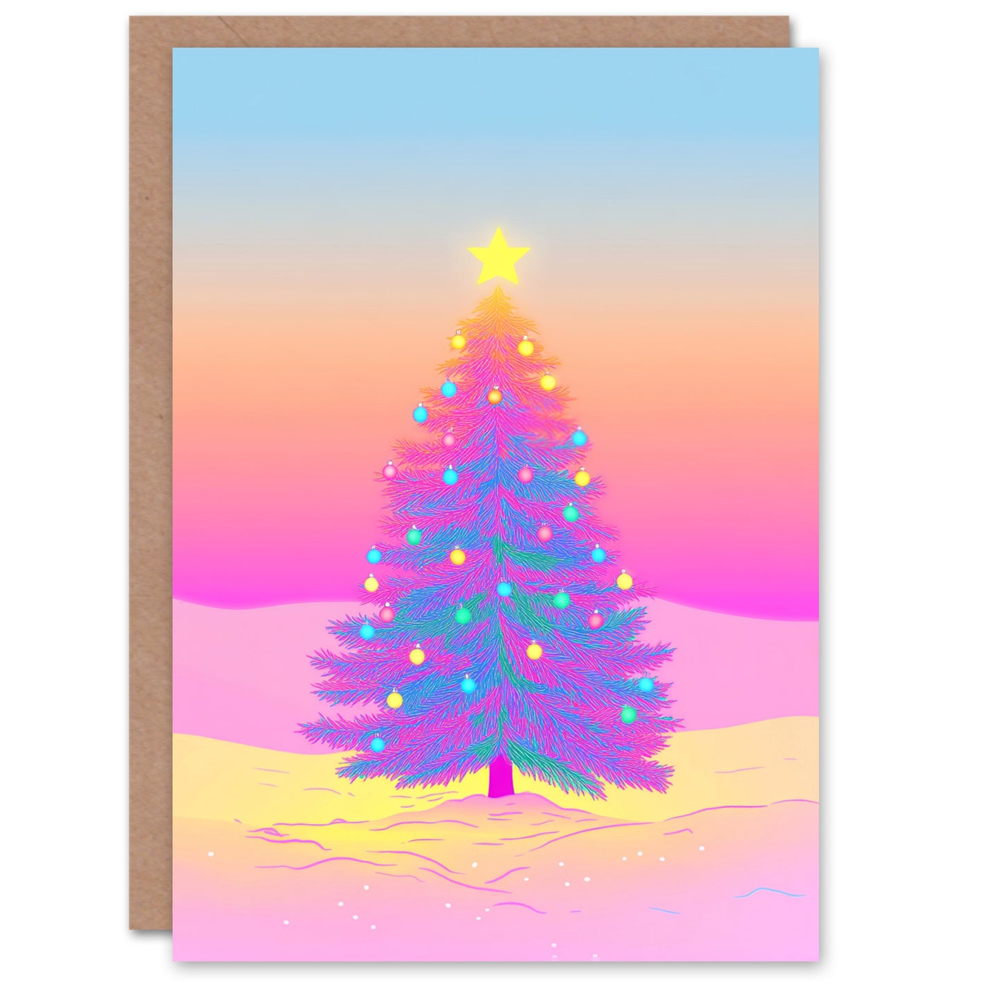 Vibrant Colourful Pink Blue Yellow Tree Xmas Christmas Card