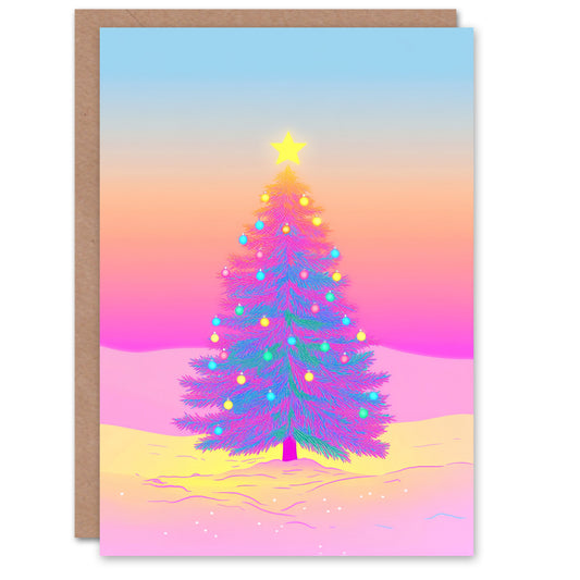 Vibrant Colourful Pink Blue Yellow Tree Xmas Christmas Card