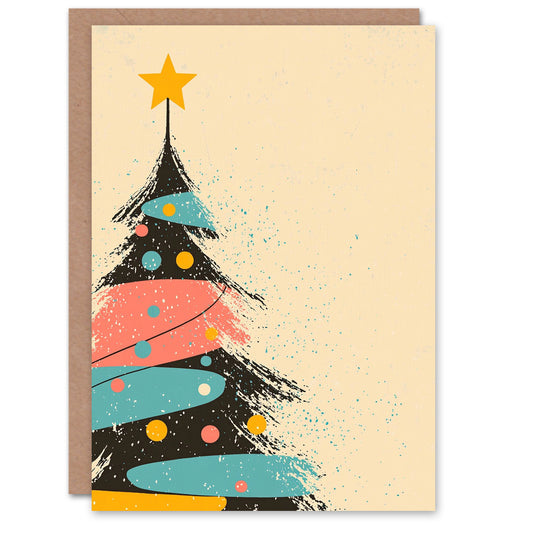 Tree Pink Blue Yellow Mid Century Modern Christmas Card