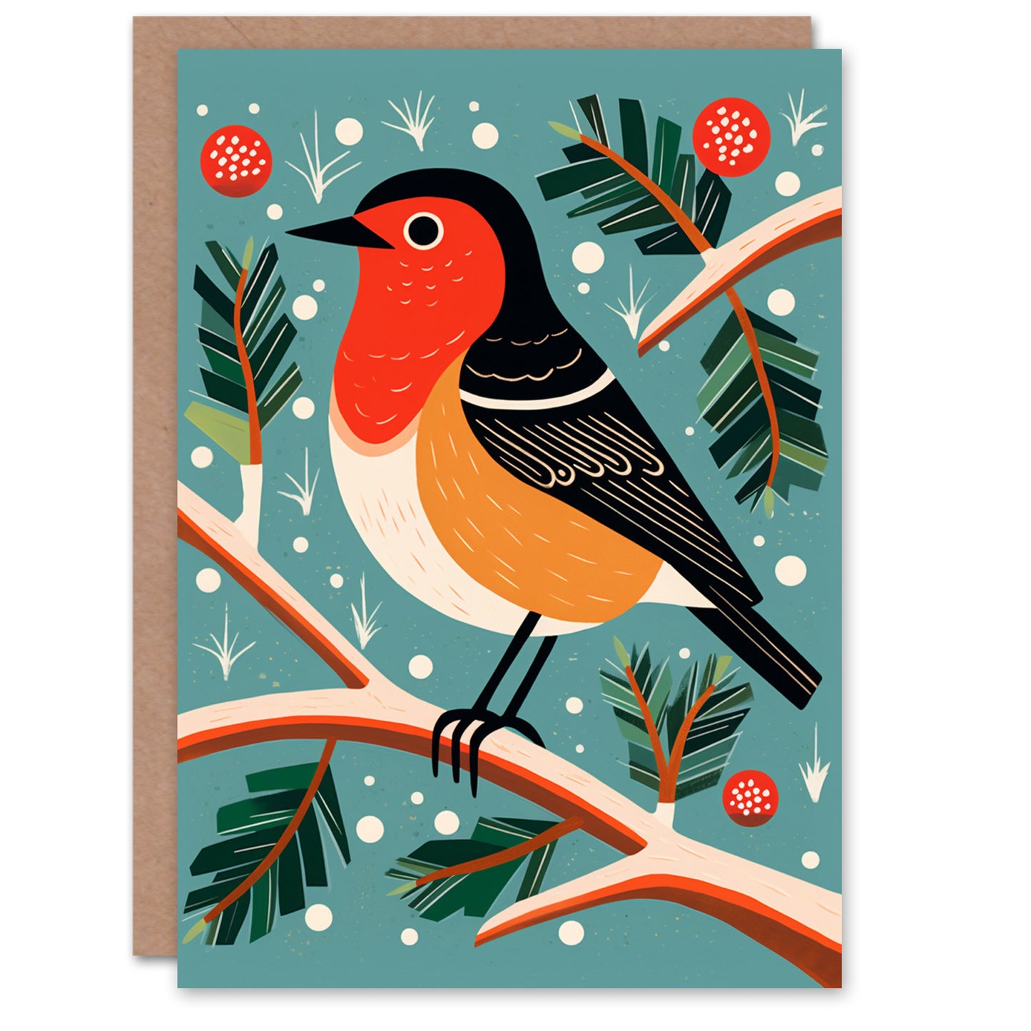 Robin Bird Tree Bauble Modern Folk Art Xmas Art Christmas Card