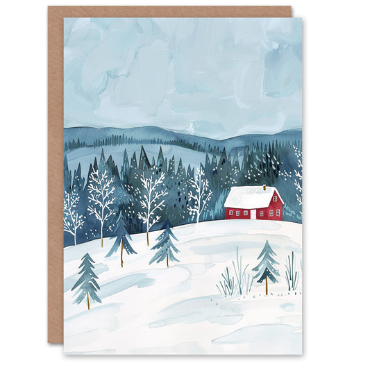 Cabin In Winter Snow Forest Landscape Christmas Card