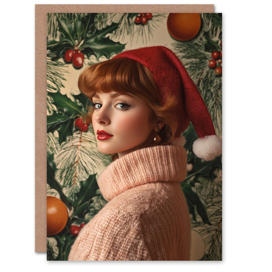 Santa Hat Redhead Holly Bauble Portrait Festive Xmas Christmas Card
