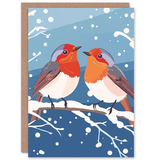 Two Robin Birds on Snow Tree Branch Fun Xmas Christmas Card