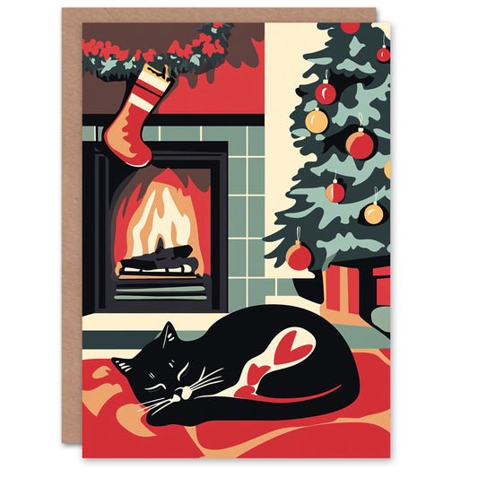 Fireplace Decorated Tree Cat Lover Christmas Card