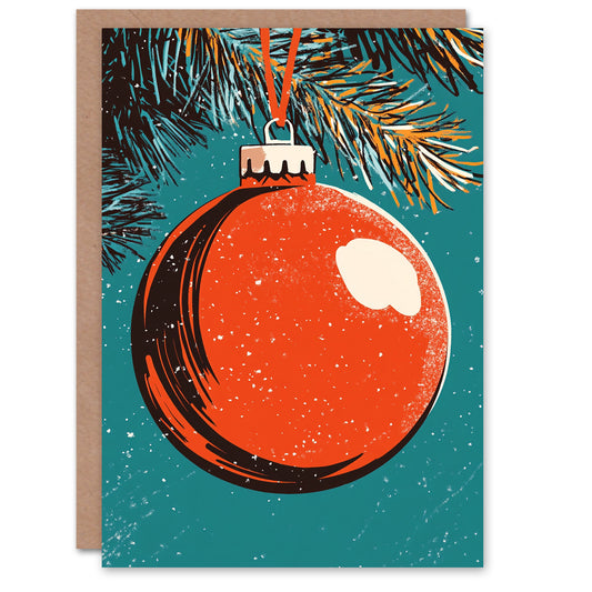 Shiny Red Bauble Pine Tree Retro Festive Xmas Christmas Card