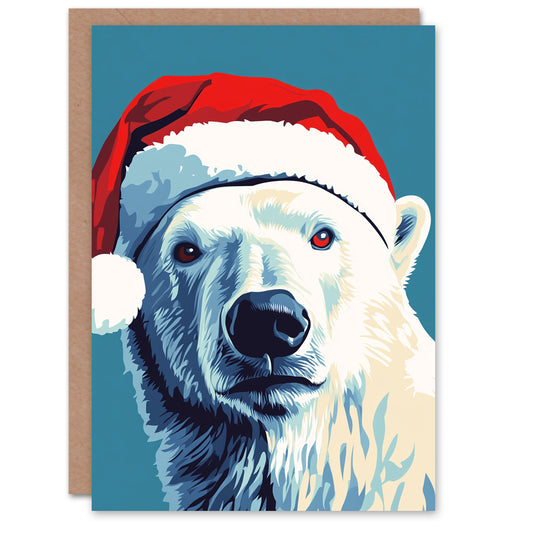 Polar Bear With Santa Hat Blue Red Christmas Card