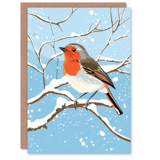 Robin Bird Snow Winter Tree Branch Fun Festive Xmas Christmas Card
