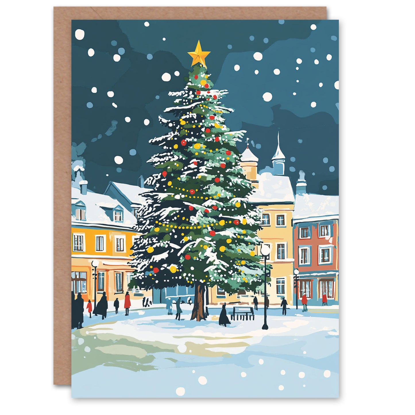 Decorated Tree Town Square Winter Snow Fun Festive Christmas Card