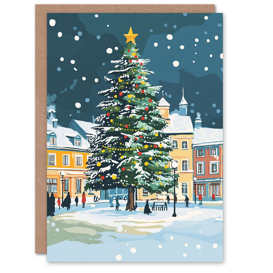 Decorated Tree Town Square Winter Snow Fun Festive Christmas Card