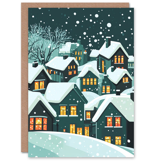 Winter Snow Houses Glowing Windows Christmas Card