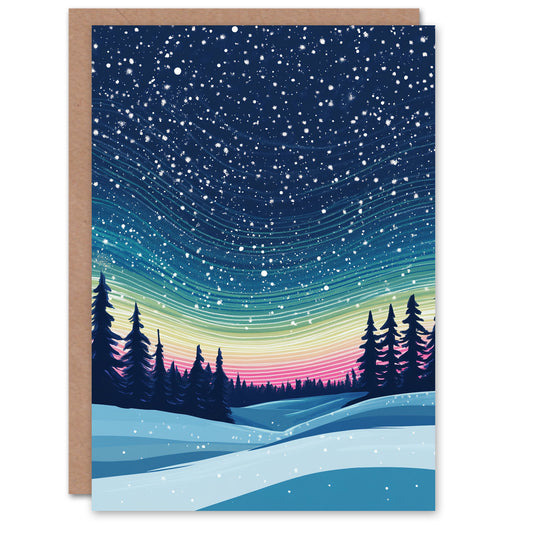 Arctic Forest Snowfall Colourful Sky Christmas Card