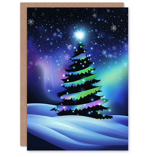 Snow Covered Tree Aurora Borealis Festive Xmas Christmas Card