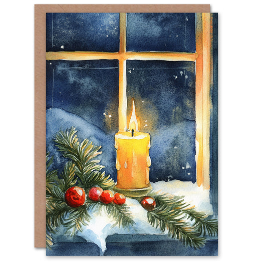 Pillar Candle Holly Pine Window Snow Christmas Card
